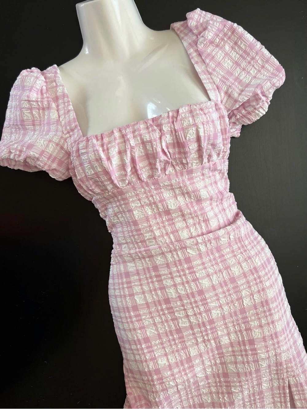 Pink Puff-Sleeve Smocked Midi Dress